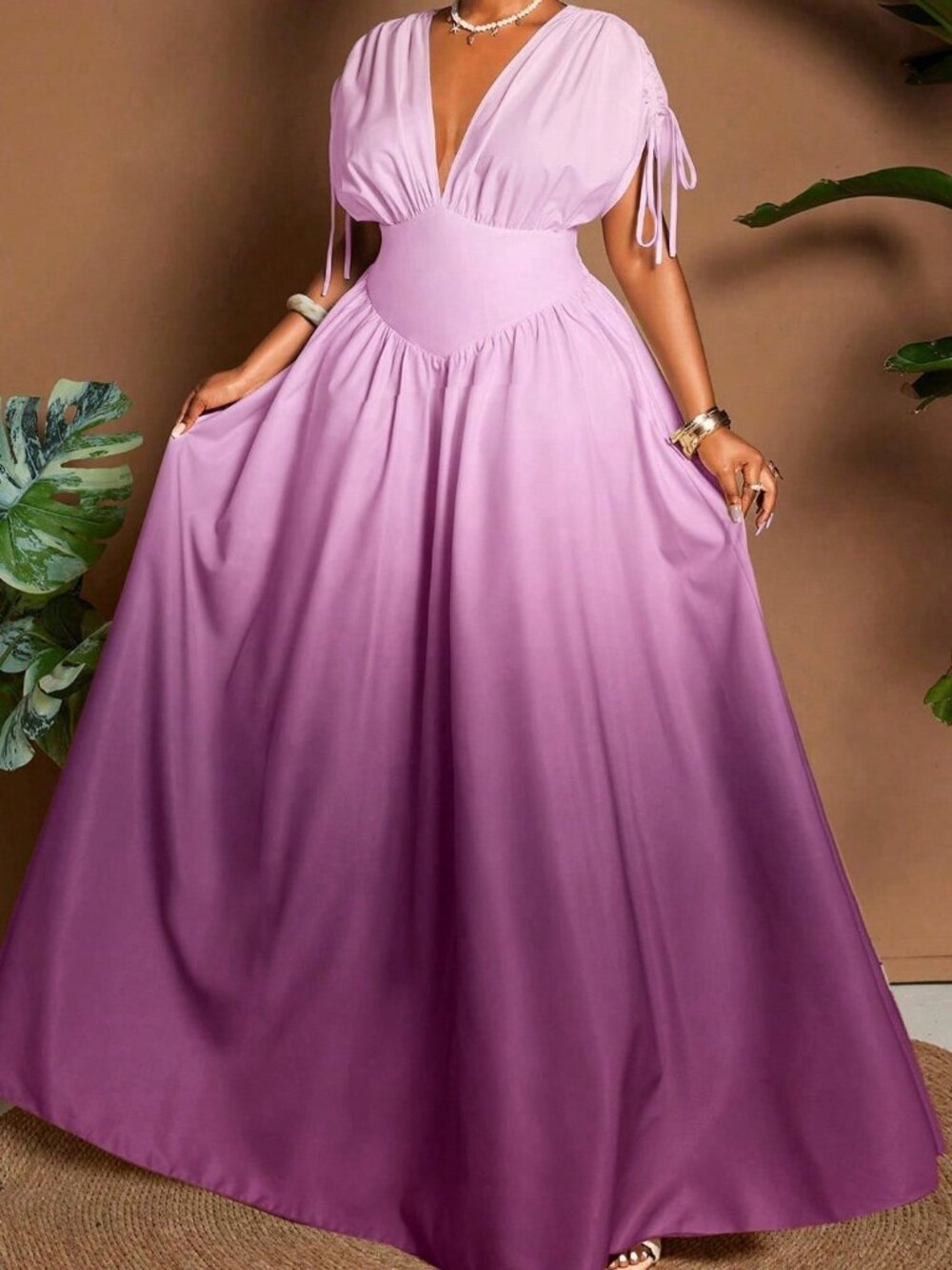 Multicolor Purple Women's Plus Size Ombre V-Neck A-Line Maxi Dress - Picture 6 of 7